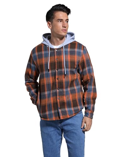 Men's Cotton Plaid Long Sleeve Shirts Jacket Fleece Lined Flannel Shirts Sherpa Button Down Coat with Hood3