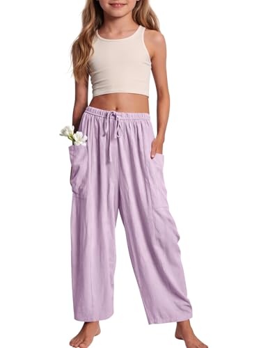 Image of COZYPOIN Girl's Wide Leg Pants Elastic Waist Loose Fit Flowy Casual Beach Palazzo Harem Trousers with Pockets 5-14 Y