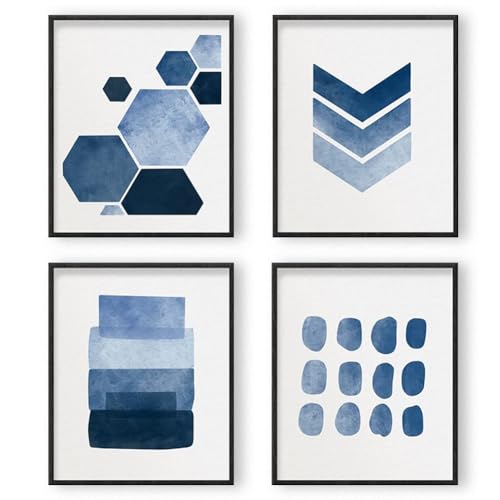 INFUNLY Set 6 Blau Abstrakt Wand Kunstdrucke Gerahmt Navy Aquarell Gemälde...