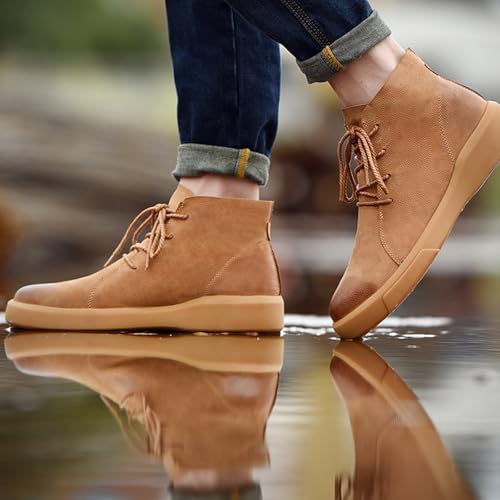 Image of Mens Mid-Top Lace-Up Leather Chukka Ankle Boots Casual Comfortable Round Toe Non-Slip Shoes for Walking Outdoor Hiking