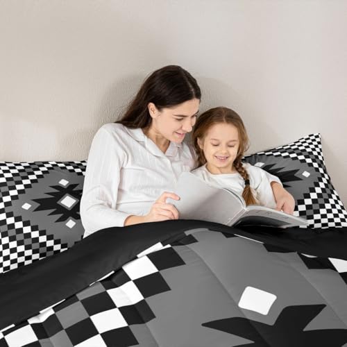Image of Feelyou Aztec Bedding Set Soft for Boys Girls, Black White Checkered Comforter Set Full Size Boho Western Decor Duvet Quilt Microfiber Farmhouse Bedroom Decor 3 Pcs with 2 Pillow Cases