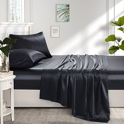 Lanest Housing 4-Piece Full Size Satin Bed Sheet Set with Deep Pockets, Cooling Soft and Hypoallergenic Satin Sheets Full - Black