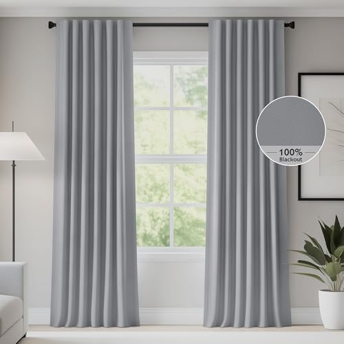 Image of FMFUNCTEX 100% Blackout Curtains for Bedroom, Dark Grey Back Tab Curtain 96 Inches Long Drapery Thermal Insulated Curtains for Living Room, Black Out Drapes Rod Pocket Room Darkening 2 Panels