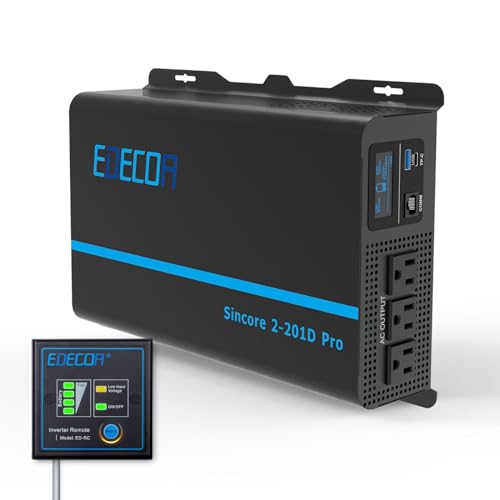 EDECOA 2000W Pure Sine Wave Power DC 12V to AC 110V with LCD Display, USB Port and Type-C port 2 AC Outlets Remote Controller LCD Display for RV Car Boat Household