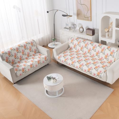Image of HOKIPO Painterly Floral Quilted Sofa Cover 5 Seater with Tassels - (3+2) for Seat & Back | 'Tassel Twigs' Series (IN-991-T8 + IN-990-T8)