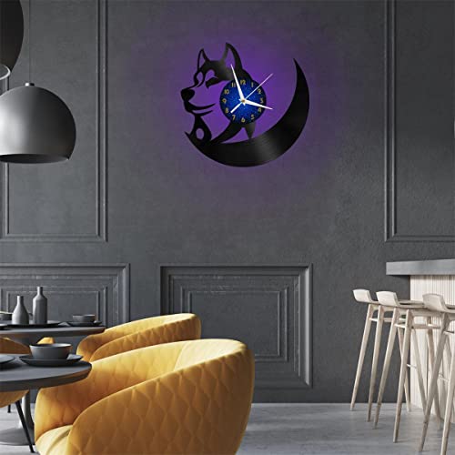 Horloge Vinyle 12 Pouces Silhouette Husky avec Éclairage LED B