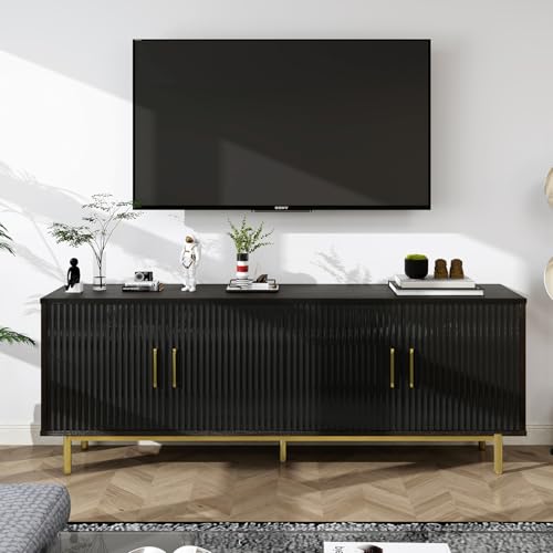 MUUEGM Fluted-Door TV Stand for TVs up to 80 Inches, Entertainment Center with Storage, Adjustable Shelf, Modern TV Console for Living Room and Bedroom, 70" W x 15.75" D x 25" H, Black