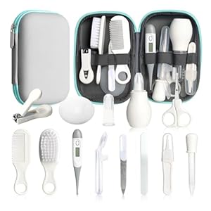 Baby Healthcare and Grooming Kit, 14 in 1 Baby Safety Set Newborn Nursery Health Care Set with Hair Brush Scale Nail Clippers for Baby Girls Boys (14 Kits Grey White)