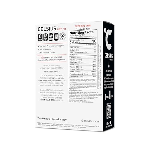 Image of CELSIUS On The Go TROPICAL VIBE, Sugar Free Energy Drink Mix (14 Sticks per Pack)