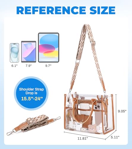 Image of Clear Tote Bag Stadium Events Transparent Clear Purse for Women Thick PVC Shoulder Bag with Guitar Strap for Concert
