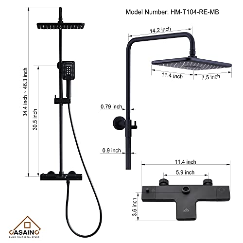 CASAINC-Thermostatic-Rain-Shower-Faucet-Set-114-x-75-Rectangle-Rainfall-Shower-Head-with-3-Spray-Modes-Hand-Shower-Wall-Mount-Water-saving-Shower-System-3-Way-Diverter-Matte-Black CASAINC Thermostatic Rain Shower Faucet Set 114 x 75 Rectangle Rainfall Shower Head with 3 Spray Modes Hand Shower Wall Mount Water saving Shower System 3 Way Diverter Matte Black