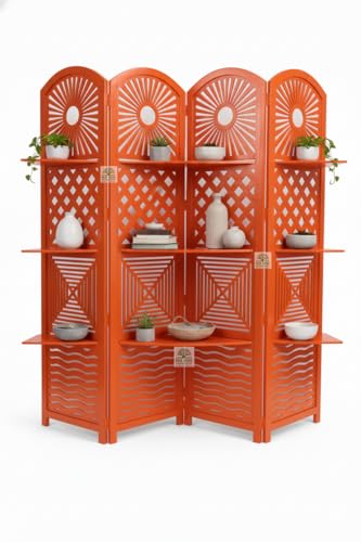 Image of Wooden Room Divider 6 Feet, 4-Panel Folding Wooden Partition for Living Room, Office, Pooja Room, Restaurant, Kitchen & Balcony (2W x 1.82H Meters). (Orange)