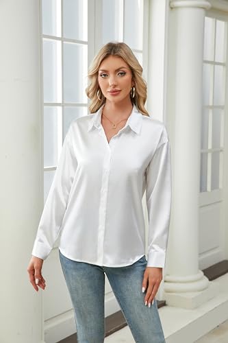 Womens Satin Silk Button Down Shirts Long Sleeve Blouse Dressy Solid Casual Office Work Ladies Tops2