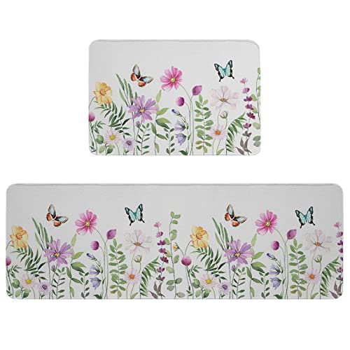 2 Pcs Cushioned Antifatigue Kitchen Mats And Rugs,Florals Butter-Fly Absorbent Floor Bath Door Mat Non-Slip Doormat Accent Runner Carpet Washable Comfort Standing Mat Spring Summer Flower Leaves #TOP7
