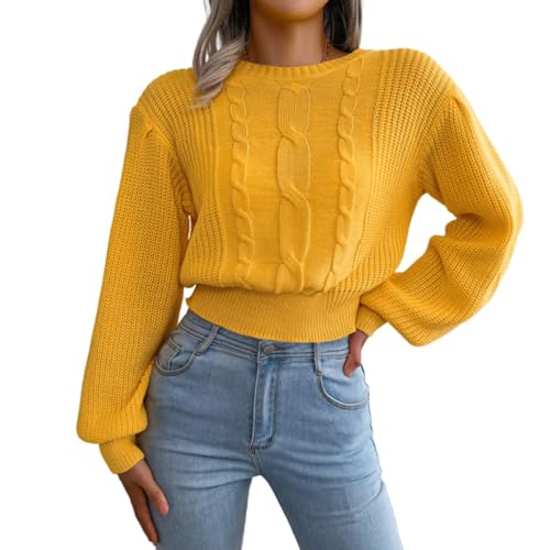 Image of Women's Cable Knit Puff Sleeve Cropped Jumper Waist Cinched Knit Sweater Top for Fashion Casual Ladies Cashmere Jumpers Wear Soft Warm Relaxed Fit and Stylish Design M Yellow
