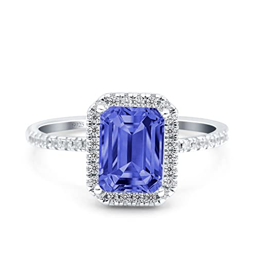 Blue Apple Co. Emerald Cut Art Deco Halo Wedding Bridal Engagement Ring Round Simulated Cubic Zirconia 925 Sterling Silver
