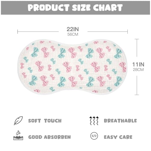 Cartoon Pastel Bows Muslin Burp Cloths for Baby 4-Layer Absorbent Cotton Large 22" x 11" Soft Spit Up Rags for Newborns Boys Girls, 4 Pack2