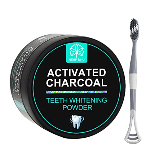 Activated Charcoal Teeth Whitening Products, Tooth Whitening Powder from Organic Coconut with One Toothbrush and Tongue Cleanser, Teeth Whitener to Remove Teeth Stains & Freshen Breath