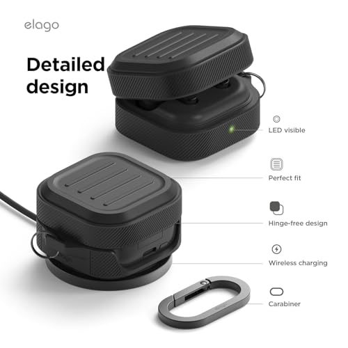 Image of elago Armor Compatible with Samsung Galaxy Buds 4 Pro Case & Galaxy Buds 4 Case, Carabiner Included, Premium Silicone Cover, Wireless Charging, Headphone Accessories, for Men, for Women (Black)