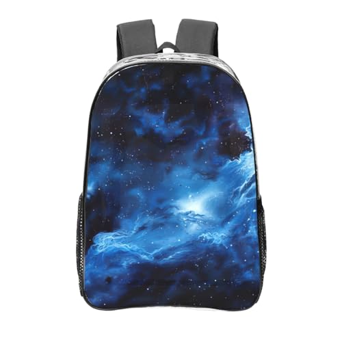 Blue Galaxy Print Work Travel Stadium Events Transparent Backpack PVC Clear Bag Large Side Pockets