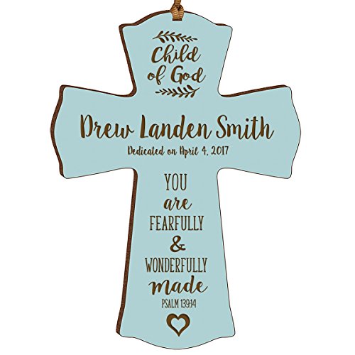 LifeSong Milestones Personalized Baptism 1st Holy Communion Christening Gifts Custom Wall Cross Child of GOD Decoration You are Fearfully and Wonderfully Made Psalm 139:14 (Blue)