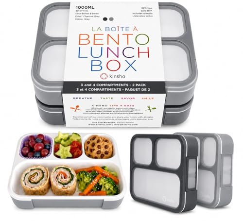 Image of kinsho Bento Box Lunch Boxes for Kids Adults, Meal and Snack Containers School Work Travel, 4 Divided Portion Control Compartments, Japanese Style, BPA Free, Utentils Included (Grey + Black, 2 Pack)