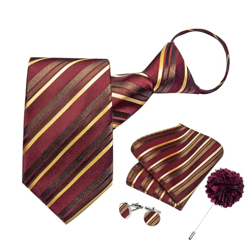 Image of DiBanGu Mens Zipper Tie Silk Pre-Tied Necktie with Gift Box | Jacquard Woven,Paisley Solid Plaid Pattern,6PCS with Pocket Square,Cufflinks and Lapel Pin,for Wedding Party Formal Business