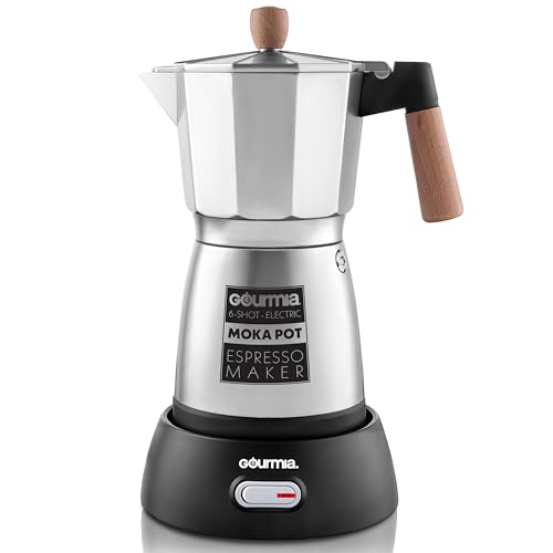 Gourmia Electric Moka Pot Espresso Maker 6 Shot Italian-Style Coffee Brewer 550W Detachable 360 Cordless Base Food-Grade Aluminum Beechwood Handle