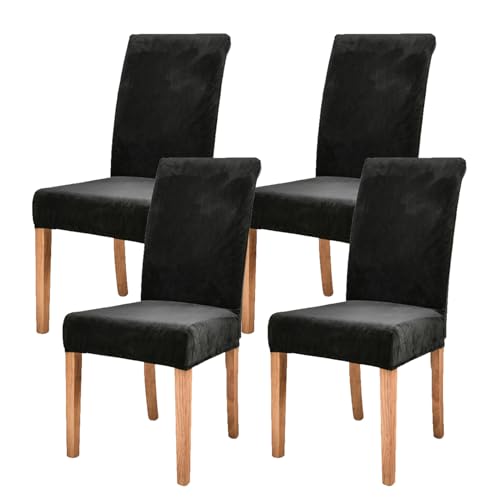 Fundas elásticas de terciopelo para sillas de comedor, fundas para cocina, banquetes y decoración de hotel, paquete de 4 fundas de asiento negras para protección del hogar y el comedor