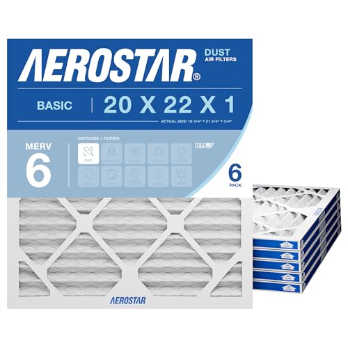 Aerostar 20x22x1 MERV 6 Air Filter, 6 Count, ACTUAL SIZE (19.75 x 21.75 x 0.75), HVAC, Air Conditioning & Furnace Filter for Dust, Lint & Pollen Control (MPR 300 / FPR 3), Made in USA