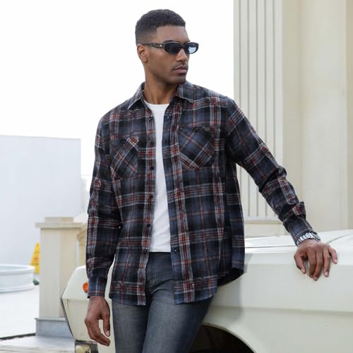 Image of WARHORSEE Flannel Shirt for Men Long Sleeve Button Down Plaid Shirts | Soft Cotton Blend for Multi-season Wear, Lightweight yet Warm, Dual buttoned storage pockets, Machine Washable Easy Care