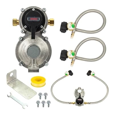 BlueStars 2-Stage Auto Changeover Dual Propane Regulator with 18" Hoses & Gauge – for Dual Propane Tanks to Trailers, Campers, RVs – Stainless Braided QCC1 1/4" Inverted Male Flare