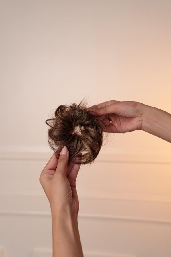 Image of Curl' O Hair Messy Bun Scrunchie | Elastic Hairpiece Extension for Voluminous Updos and Effortless Bun Styling | Lightweight Wavy Hair Updo Extension | Light Brown