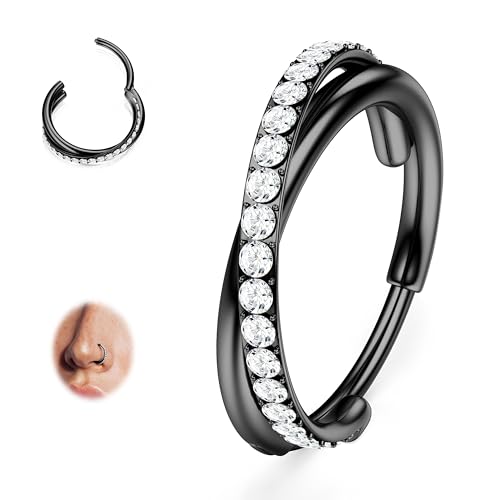 BodyBonita G23 Titanium Nose Rings Hoops - Clear CZ Nose Piercings 20G Septum Rings Cartilage Helix Rook Tragus Lobe Daith Earrings Hypoallergenic Body Jewelry for Women Men Black Duo Hoop-8mm