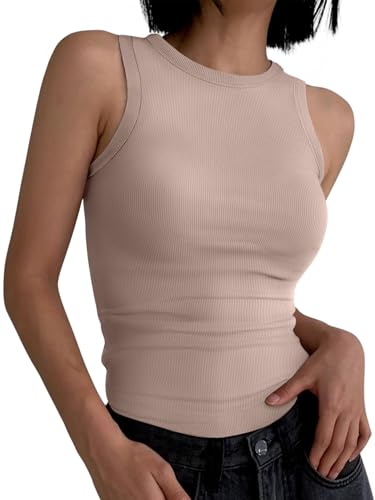 Image of ANRABESS Womens Sleeveless High Neck Tank Tops Fashion Summer Casual Basic Slim Fit Ribbed Racerback Top Shirt Clothes