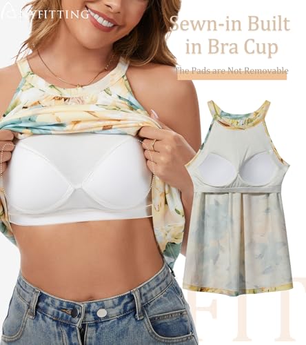 Image of Women Halter Tank Top with Built in Bra Flowy Sleevless Padded Camisole Loose Fit Summer Shirt Top S-3XL