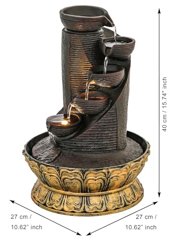 Image of CHRONIKLE Polyresin Black Designer Table Top Indoor 5 Artistic Steps Waterfall Fountain with Yellow LED Lights & Water Flow Controller Pump (Size: 41 x 25 x 25 CM | Weight: 1980 Gram | Color: Black)