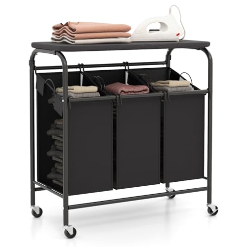 GOPLUS Carrito Clasificador de Ropa con 3 Bolsas, Cesto para Ropa Sucia con Tabla de Planchar Plegable, Bolsas Removibles y Ruedas Bloqueables, para Almacenamiento de Ropa, Lavandería y Baño