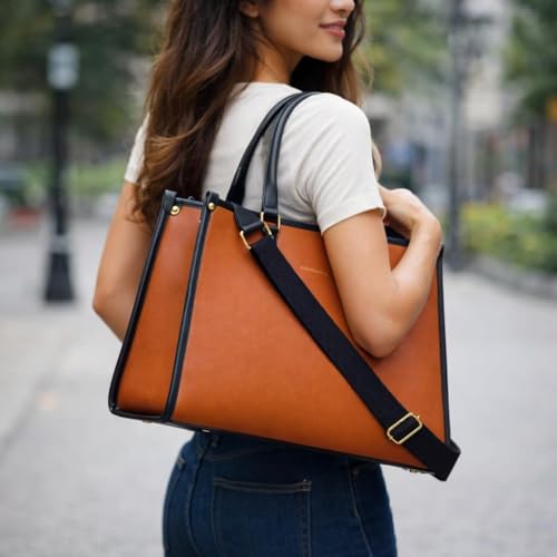 Image of Primora Women's Large Tote Bag for Office Use | Fits Up to 14 inch Laptop | Adjustable & Detachable Sling Strap | Dual Handles | Zipper Closure | Spacious Work Handbag (Dark Brown)