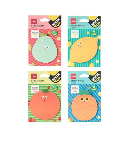 Image of Deli EA55602 Fruit Design Sticky Notes | 3 inchx3 inch Size Self Adhesive Sticky Notes, 30 Sheets Each (Pack of 4)