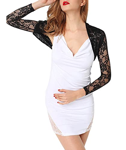 Gnveub Womens Elegant Crop Cardigan Sheer Floral Lace Bolero Shrug Tops Open Front Cropped Bolero Cardigan(Black,L) #TOP3