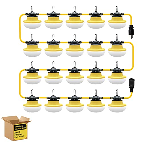 Muasdae New 200FT Construction String Lights LED Industrial Grade Best for Construction Sites,Renovation, Walkways,Patio,Mine cave,Outdoor Lighting Solutions Use,Free for Climbing Hook 3Prong