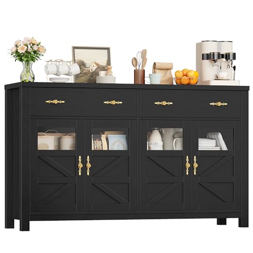 FirFurd Buffet 140cm Meuble de Cuisine avec Plan de Travail, 4 Placards Portes Vitrées 2 Tiroirs, Buffet Bas Rangement pour Cuisine, Salle à Manger, Salon,...