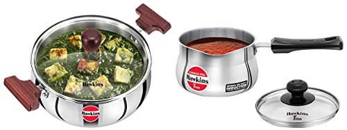 Image of Hawkins Tri-Ply Stainless Steel Induction Compatible Cook n Serve Handi with Glass Lid, 3 Litre & Stainless Steel Induction Compatible TPan with Glass Lid, 1.5 Litre
