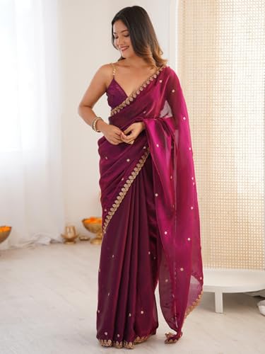 Image of AKHILAM Women's Shimmer Tissue Embroidered Saree With Unstitched Blouse Piece