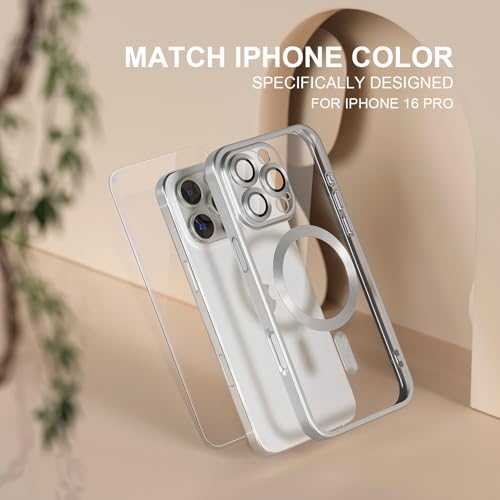 Image of Misea Magnetic for iPhone 16 Pro Case Compatible with MagSafe | Never Yellowing, Military Drop Protection, Full Camera Lens Protector Plating Soft Clear Phone Case Women, Titanium Silver