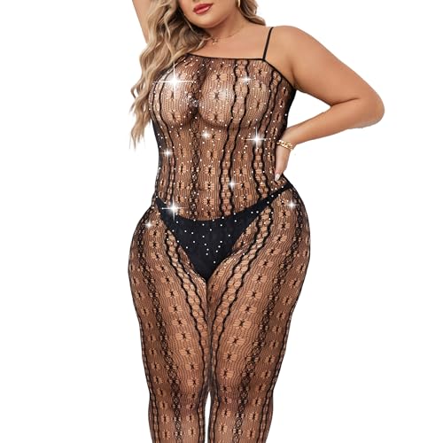 Image of Nimiah Women's Fishnet Sexy Lingerie - Exotic Naughty Bodystockings Plus Size Sparkle Rhinestone Mesh Bodysuit for Nightwear
