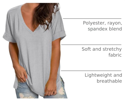 Image of Sampeel Women's V Neck T Shirts Casual Rolled Short Sleeve Side Split Summer Tops Loose Fit