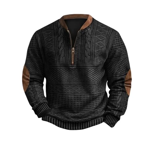 Mens Vintage Quarter Zip Sweatshirt, Knit Print Graphic Casual Long Sleeve Stand Collar Western Pullover Sweatshirts
