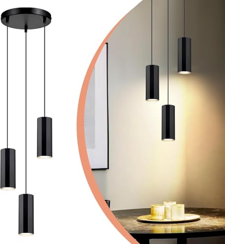 Glitzerlife Pendelleuchte Schwarz 3 Flammig Esstisch - Hängelampe GU10 Hängeleuchte Küche Hänged Esszimmerlampe Metall Höhenverstellbar pendellampe für Innen Esszimmer Schlafzimmer Wohnzimmer